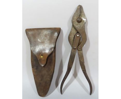 A pair of WWI Holtzapffel wire cutters with leather sheath, personalised to R. Donner 11th R.B