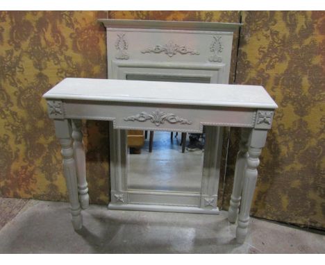 Painted wooden console / pier table, 82cm H x 100 x 26, together with a matching wall mirror with applied mouldings, 110cm H 