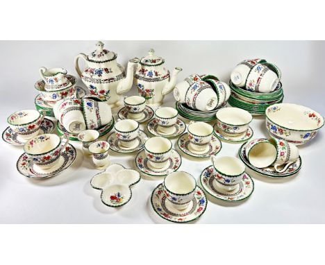 An extensive collection of Copeland Spode Chinese Rose and Chelsea pattern coffee, tea, and table wares, graduated plates, tu