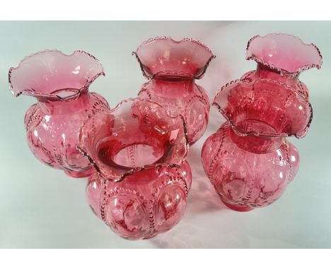 A box of glass wares to include five cranberry lantern shades to go with three double wall sconces
