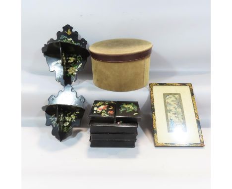 Five black lacquered flat boxes, two similar folding wall brackets, a Chinese silk landscape and a suede hat box.