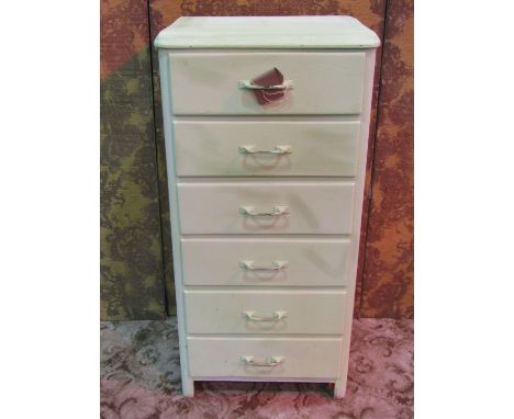 A vintage light green painted upright chest of six drawers with brass handles, 106 cm high x 51 cm x 46 cm