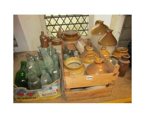 A collection of stoneware flagons and jars of local interest with impressed and printed marks for John Holborrouw, wine &amp;