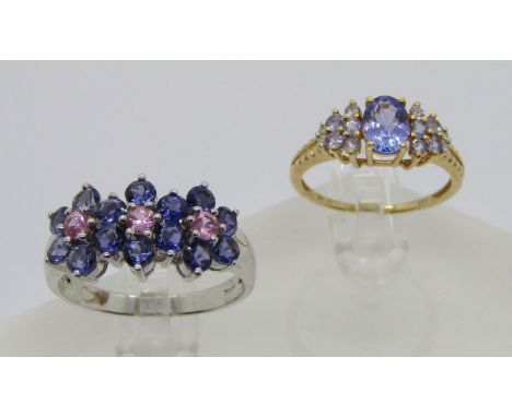 Two tanzanite dress rings; a 14k white gold floral cluster example, size S and a Danbury Mint 14ct cluster ring, size N, 6.3g