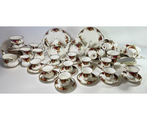 A large collection of Royal Albert Old Country Roses pattern tea wares, 12 large and 12 small cups and saucers, graduated tea