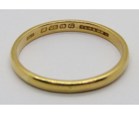 1930s 22ct wedding ring, maker 'W.M', also stamped 'Parsons', size U, 3.5g