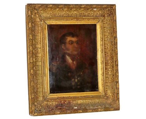 19th Century School - Portrait of an Officer, quarter-length, oil on board, 15 x 20 cm, in a moulded gilt gesso frame of the 