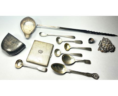 A mixed selection of silver, including caddy spoons, mustard spoons, cigarette case, a hip flask base, a toddy ladle, etc, 8.