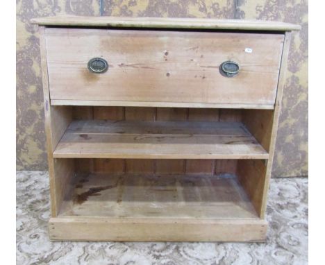 An old  stripped pine kitchen unit, floorstanding with deep frieze drawer over an open compartment with loose shelf, 94 cm hi