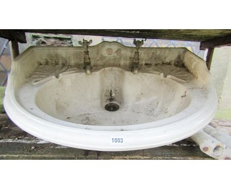 A Shanks Patent glazed ceramic hand wash basin and supports, (AF), together with a white and grey flecked marble vanity unit 