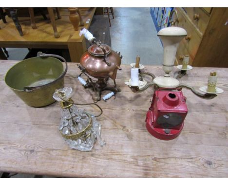 A Victorian copper spirit kettle (af), a 19th century brass jam pan, four branch ceiling light, small hanging light with face