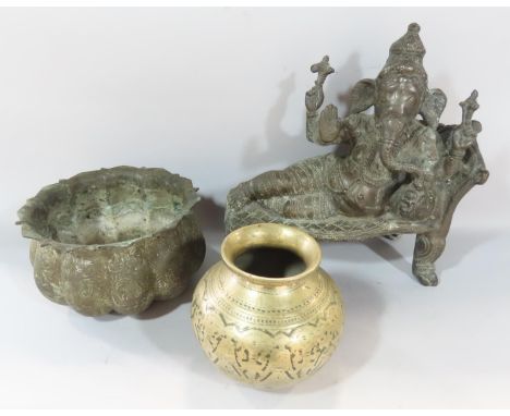 A bronze Ganesha reclining on a day bed 25cm x 29cm, together with two Indian vessels.