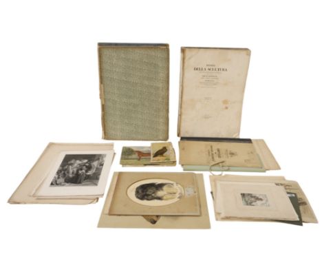 A collection of books, paintings, engravings and etchings, to include: Two folio books (as found) 'Examples of Contemporary A