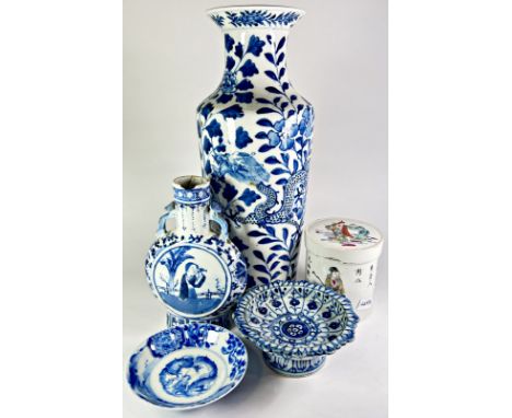 A Chinese blue and white porcelain ‘dragon’ vase (af) together with two small later blue and white dishes, a cylindrical jar 
