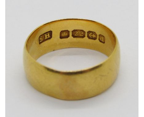 22ct wedding ring, maker 'SH', Birmingham 1921, 3.5g (slightly misshapen)