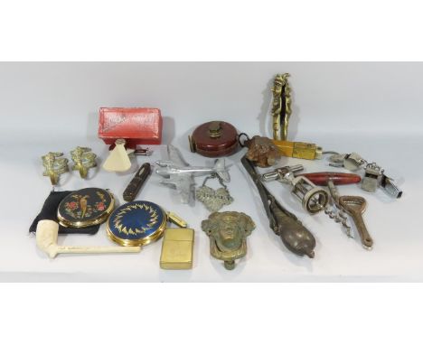 A miscellaneous collection of items including a vintage leather Imperial Tape Measure, a La Brise pocket fan, three referees 