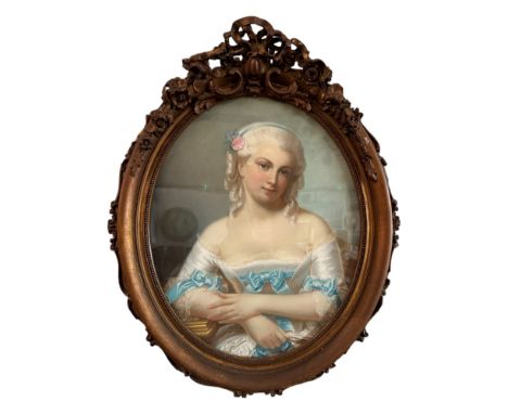 Théodore Fantin-Latour (1805-1872/75) - Portrait of a woman in a white silk dress with blue ribbon, pastel, signed, oval fram