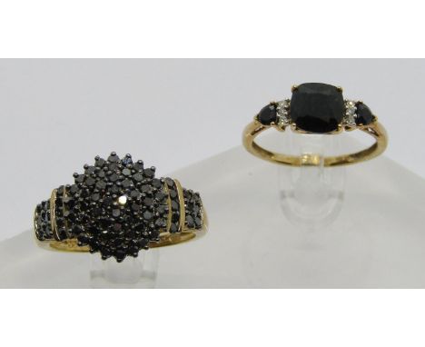 9ct fancy coloured diamond cluster ring, size S and a 9ct sapphire and diamond ring, size N, 5.8g total