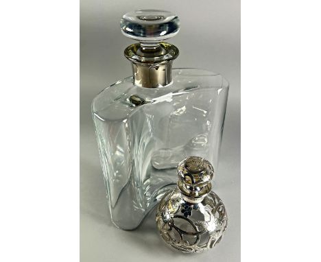 Silver collared hip-flask style decanter and an Art Deco style perfume bottle (2) 