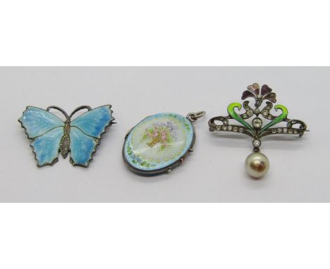 Group of early 20th century enamelled silver jewellery, comprising a continental 935 silver locket with sky blue guilloche en