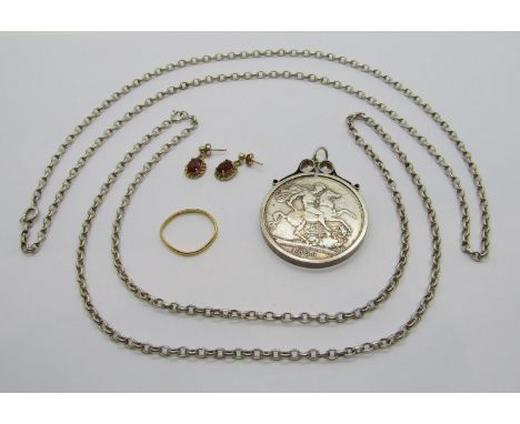 Small group of jewellery comprising a 22ct wedding ring, 1.6g (worn), a pair of garnet drop earrings, a Queen Victoria 1890 s