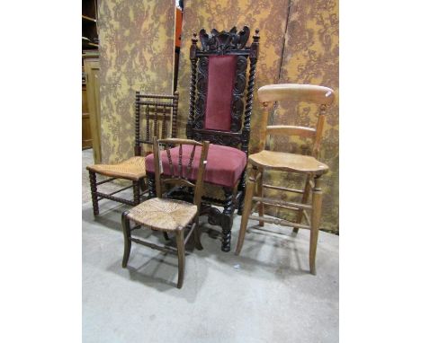 A low Arts and Crafts style chair with bobbin turned frame and cane seat, together with a rush seated child's chair with spin