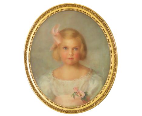 British, Early 20th Century - Portrait of a young girl wearing a pink ribbon in her hair, quart-length, pastel on paper, unsi