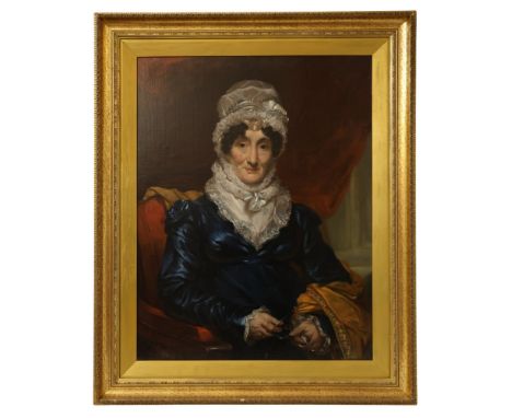 British School, Mid-19th Century - Portrait of lady wearing a dark blue satin dress with a lace bonnet and collar, holding a 