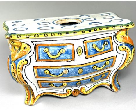 A 19th century French Faience bulb vase in the form of a serpentine commode with shaped and painted outline, provenance - The