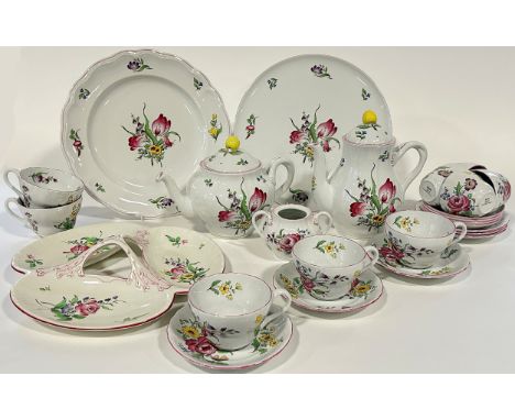 A collection of Marlborough Sprays tea and coffee wares by Spode comprising coffee pot, teapot, sandwich plate, cake plate, l
