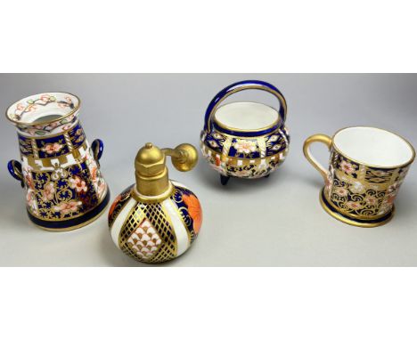 Royal Crown Derby - a small mug- old witches pattern 1910, a small perfume bottle, globular with metal mount, cigar pattern 6