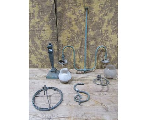 An Edwardian painted two branch gas hanging ceiling light together with a further gas table lamp with square tapered column (