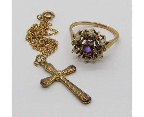 Edwardian style 9ct amethyst and pearl cluster ring, maker 'CJLtd', London 1971, size S and a 9ct cross pendant necklace, 5.2