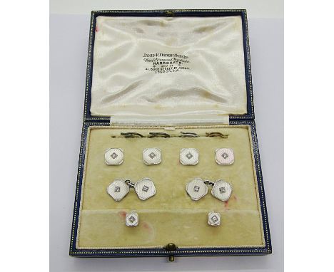 Art Deco diamond and mother-of-pearl dress jewellery set, comprising pair of cufflinks, pair of dress studs and four buttons,