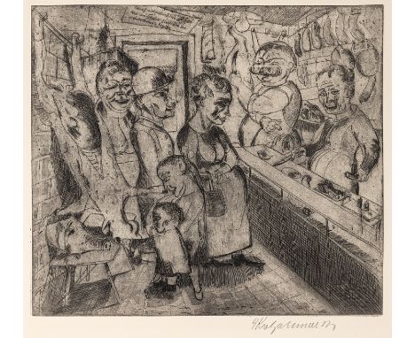 Kretzschmar, BernhardDöbeln, 1889 - 1972Blattgröße: 33 x 46 cm; 26,2 x 29,5 cm, o. R."Im Fleischerladen", 1920. Radierung auf
