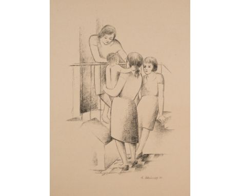 Schrimpf, GeorgMünchen, 1889 - Berlin, 1938Blattgröße: 58,5 x 43,7 cm; 43 x 29 cm, o. R.Drei Mädchen mit Kind auf der Treppe,