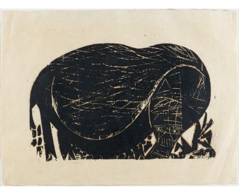 Grieshaber, HAP:Rot an der Rot, 1909 - Reutlingen, 1981Blattgröße: 57 x 76 cm; 36 x 59,5cm, R."Hängebauchschwein", 1961. Holz