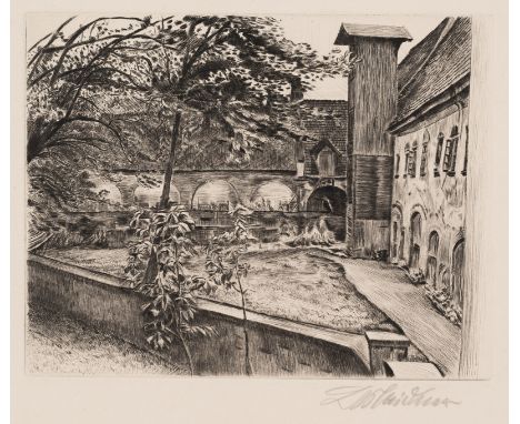 Meidner, LudwigBernstadt/Schlesien, 1884 - Darmstadt, 1966Blattgröße: 27,5 x 38 cm; 15 x 19 cm, o. R.Klosterhof in Grüssau/Sc