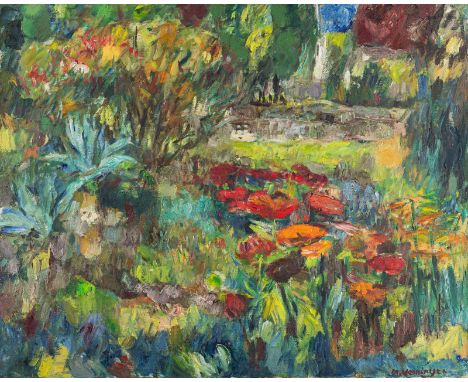 Henninger, ManfredBacknang, 1894 - Stuttgart, 198680 x 100 cm, R.Gartenansicht, 1970er. Öl auf Leinwand. In Öl unten rechts s