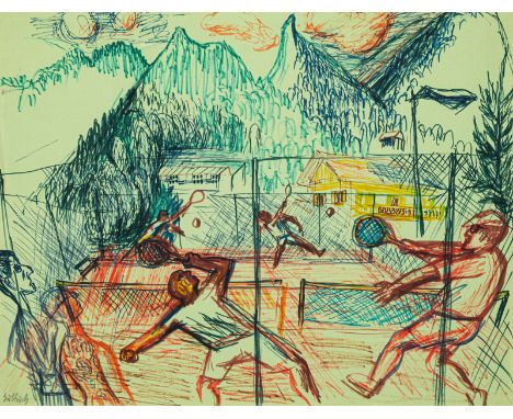 Hubbuch, KarlKarlsruhe, 1891 - 197950 x 65 cm, R.Das Tennismatch, um 1960. Faserstift auf farbigem Papier. In Bleistift unten