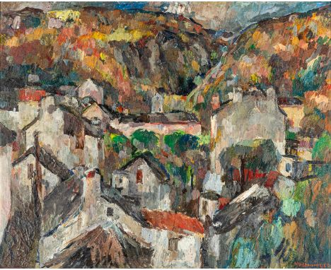 Henninger, ManfredBacknang, 1894 - Stuttgart, 198674 x 90 cm, R.Häuser in Verscio, 1947. Öl auf Leinwand. In Öl unten rechts 