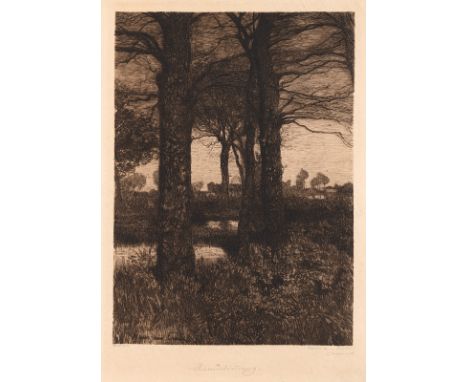 Ende, Hans amTrier, 1864 - Stettin, 1918Blattgröße: 58 x 41 cm; 45,5 x 32,5 cm, o. R."Abendstimmung", 1894. Radierung in Brau