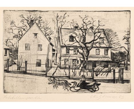 Kretzschmar, BernhardDöbeln, 1889 - 1972Blattgröße: 35 x 43 cm; 17,6 x 26,2 cm, o. R."Schlittenpartie", 1923. Radierung auf B