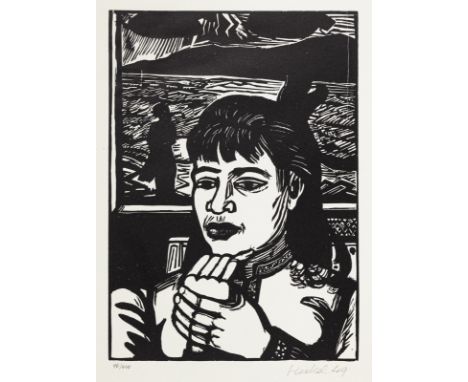 Heckel, ErichDöbeln, 1883 - Hemmenhofen, 1970Blattgröße: 62 x 50 cm, 40 x 29,5 cm, o. R."Junge Frau", 1949. Holzschnitt auf B