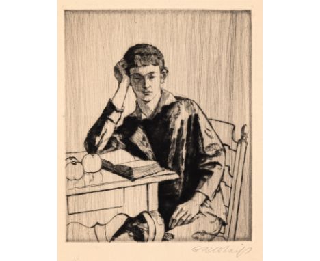 Weiss, Emil RudolfLahr/Baden, 1875 - Meersburg, 1942Blattgröße: 28,5 x 23 cm;Lesender Junge an einem Tisch sitzend, 1919. Rad