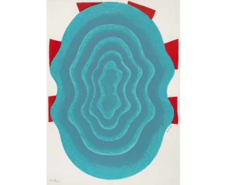 Sugai, KumiKobe, 1919 - 1996Blattgröße: 27 x 19,3 cm, o. R.The blue sun,1965. Farblithografie auf Bütten aus der Folge "Das K