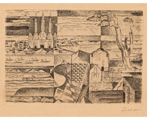 Seehaus, PaulBonn, 1891 - Hamburg, 1919Blattgröße: 30,5 x 40 cm; 11,5 x 17 cm, o. R.Russische Stadt, 1917. Radierung auf Bütt
