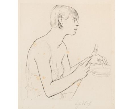 Hubbuch, KarlKarlsruhe, 1891 - 1979Blattgröße: 40,5 x 30,5 cm; 23 x 22,5 cm, o. R.Mädchen beim Essen (Martha), 1925. Radierun
