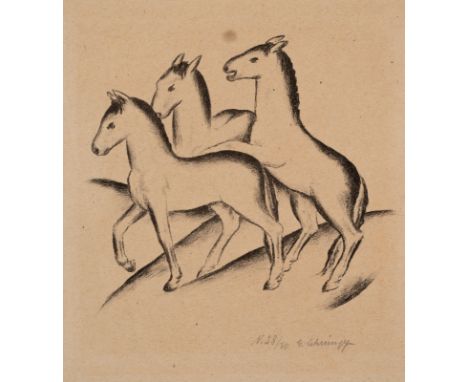 Schrimpf, GeorgMünchen, 1889 - Berlin, 193818 x 19,5 cm, o. R.Drei Pferde, 1921. Lithografie auf braunem Papier. In Bleistift