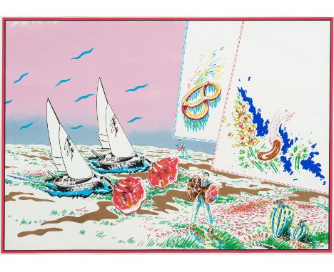 Attersee, Christian LudwigPreßburg, geboren 194064 x 89 cm, R.Der Segelsport verteilt Fleisch, 1972. Farbserigraphie auf fest